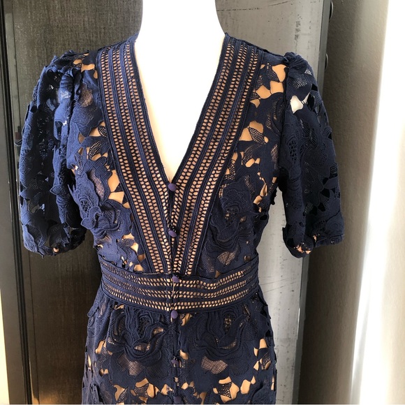 New Adelyn Rae Elegant Navy Floral Lace Sheath Midi Dress